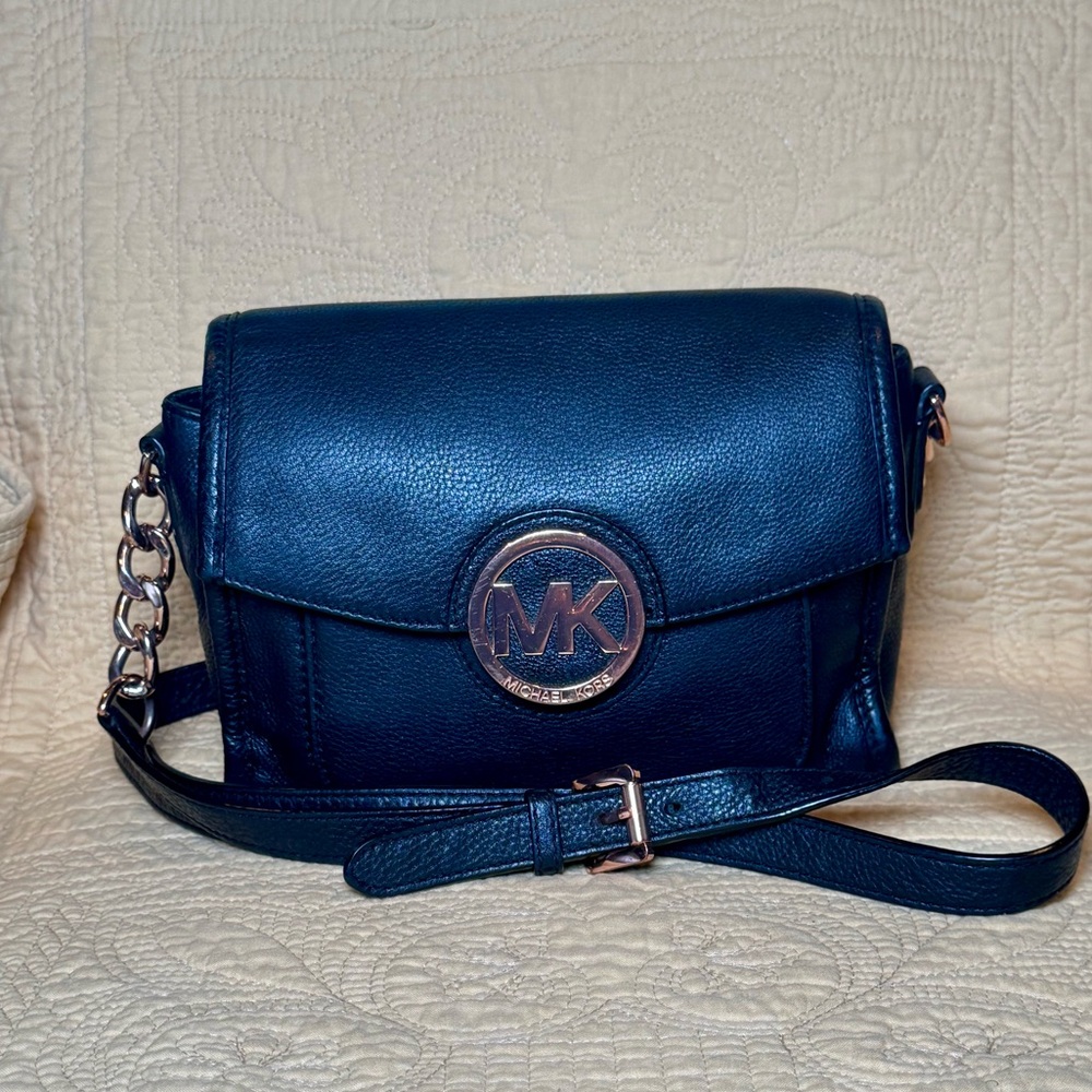 Michael Kors Black Pebble Leather Crossbody Bag with Gold Accents
